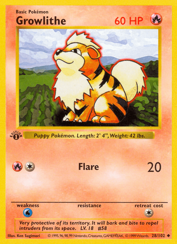 Growlithe (28/102) (Shadowless) [Base Set 1st Edition] Pokemon Single Pokémon  | Multizone: Comics And Games