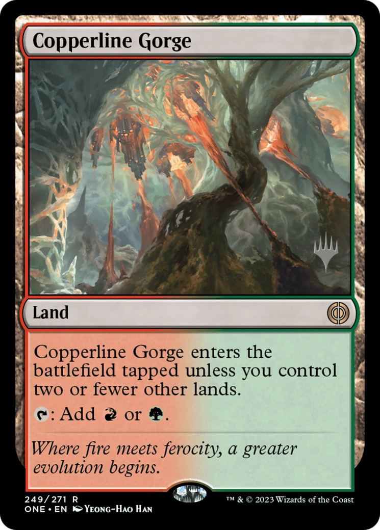 Copperline Gorge (Promo Pack) [Phyrexia: All Will Be One Promos] MTG Single Magic: The Gathering  | Multizone: Comics And Games