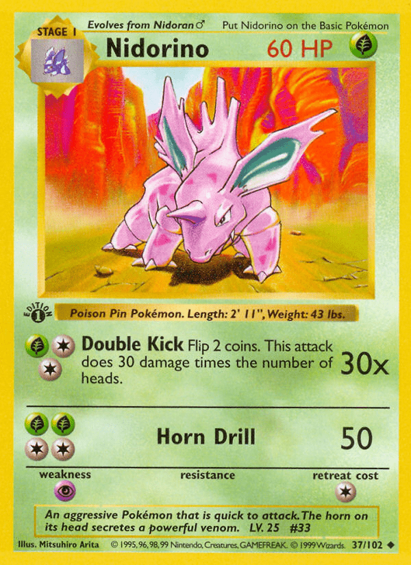 Nidorino (37/102) (Shadowless) [Base Set 1st Edition] Pokemon Single Pokémon  | Multizone: Comics And Games