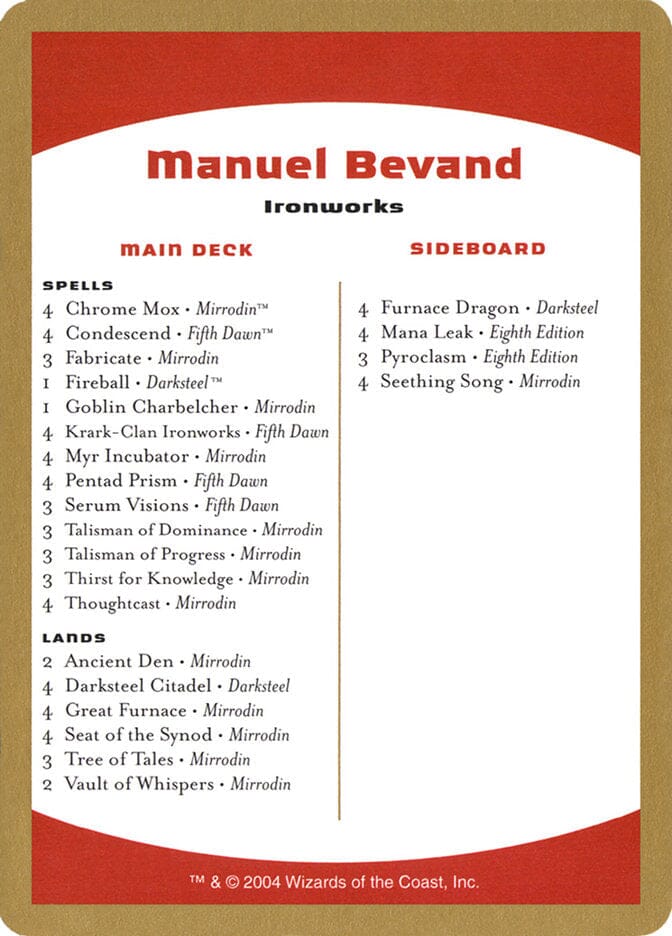 Manuel Bevand Decklist [World Championship Decks 2004] MTG Single Magic: The Gathering  | Multizone: Comics And Games