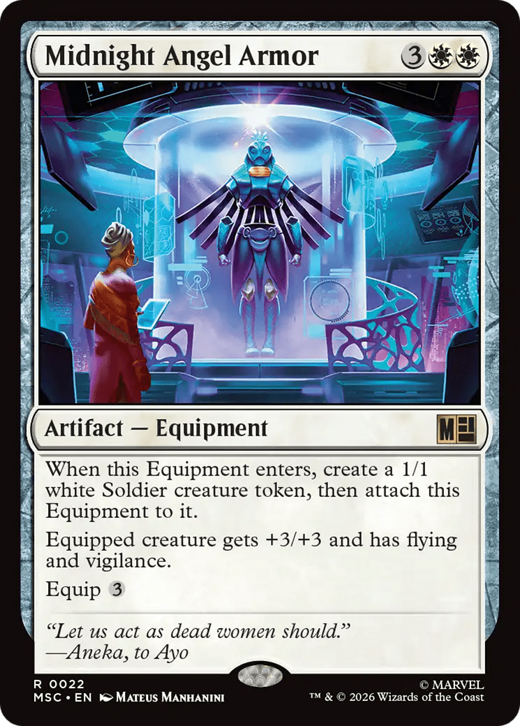 Midnight Angel Armor (Surge Foil) [Marvel Super Heroes Commander] MTG Single Magic: The Gathering  | Multizone: Comics And Games