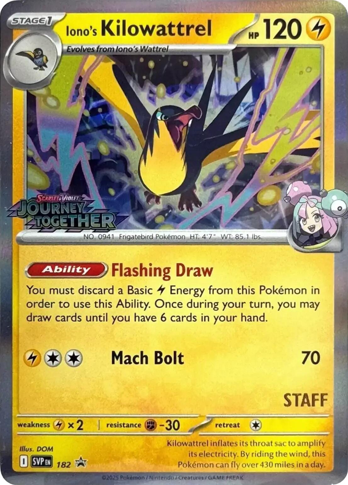 Iono's Kilowattrel (182) (Prerelease Staff) [Scarlet & Violet: Black Star Promos] Pokemon Single Pokémon  | Multizone: Comics And Games