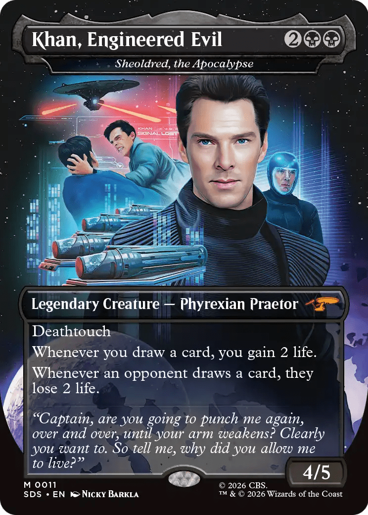 Khan, Engineered Evil - Sheoldred, the Apocalypse (Borderless) [Star Trek: Stardates] MTG Single Magic: The Gathering  | Multizone: Comics And Games