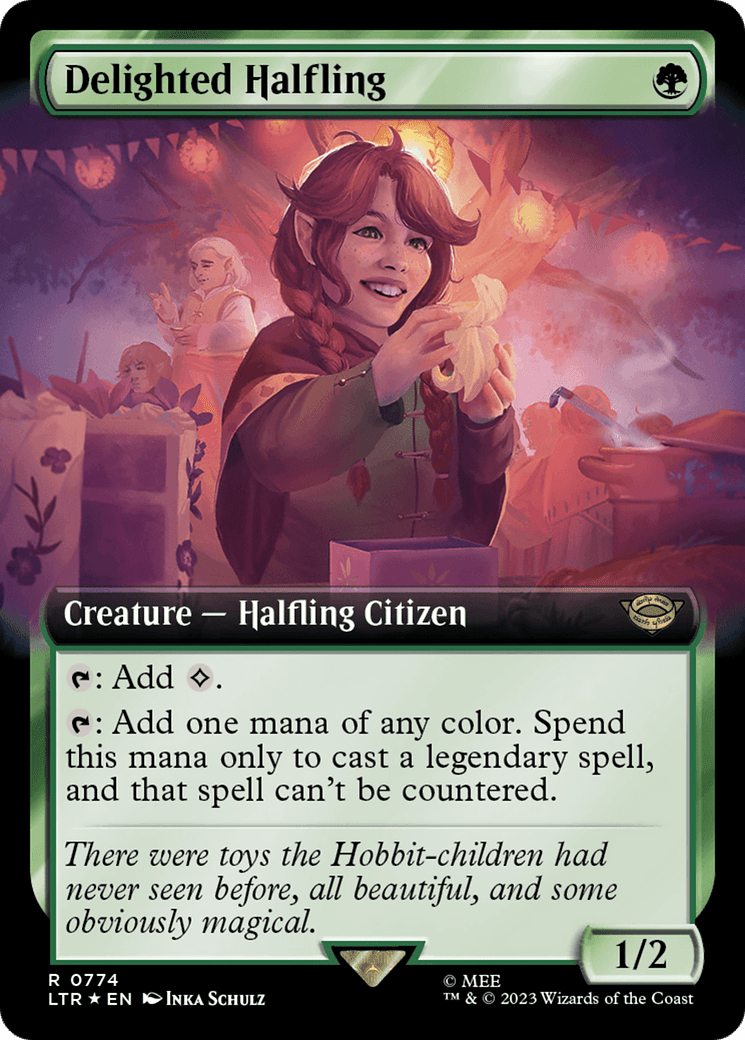 Delighted Halfling (Extended Art) (Surge Foil) [The Lord of the Rings: Tales of Middle-Earth] MTG Single Magic: The Gathering  | Multizone: Comics And Games