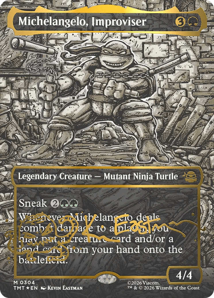 Michelangelo, Improviser (Borderless) (Gold-Stamped Signature) [Teenage Mutant Ninja Turtles] MTG Single Magic: The Gathering  | Multizone: Comics And Games