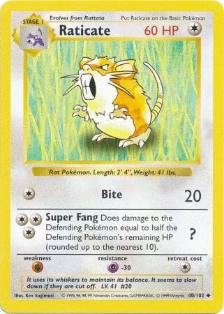 Raticate (40/102) [Base Set Shadowless Unlimited] Pokemon Single Pokémon  | Multizone: Comics And Games