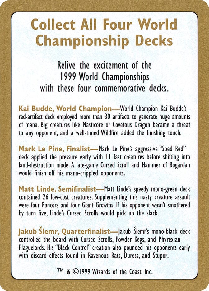 1999 World Championships Ad [World Championship Decks 1999] MTG Single Magic: The Gathering  | Multizone: Comics And Games