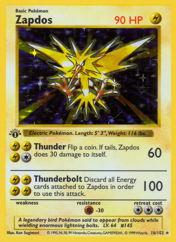Zapdos (16/102) (Shadowless) [Base Set 1st Edition] Pokemon Single Pokémon  | Multizone: Comics And Games