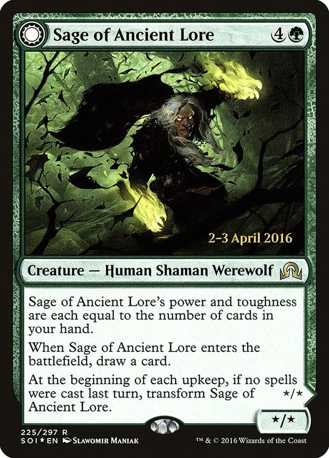 Sage of Ancient Lore // Werewolf of Ancient Hunger [Shadows over Innistrad Prerelease Promos] MTG Single Magic: The Gathering  | Multizone: Comics And Games