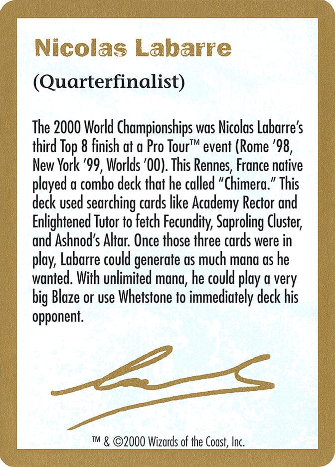 Nicolas Labarre Bio [World Championship Decks 2000] MTG Single Magic: The Gathering  | Multizone: Comics And Games