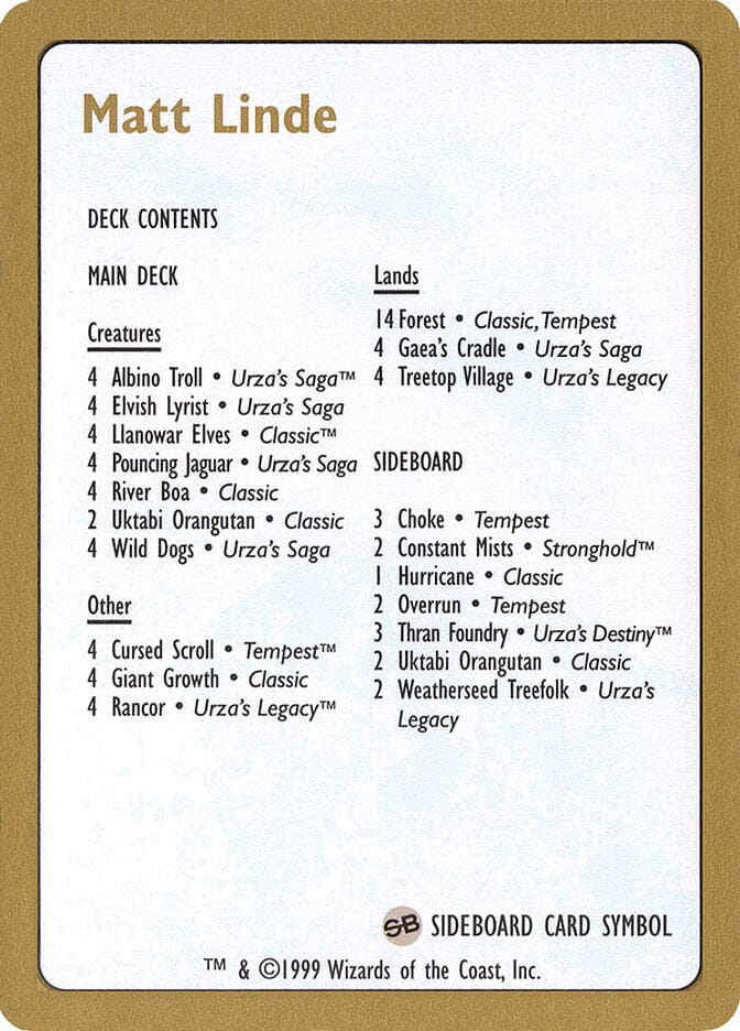 Matt Linde Decklist [World Championship Decks 1999] MTG Single Magic: The Gathering  | Multizone: Comics And Games