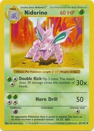 Nidorino (37/102) [Base Set Shadowless Unlimited] Pokemon Single Pokémon  | Multizone: Comics And Games