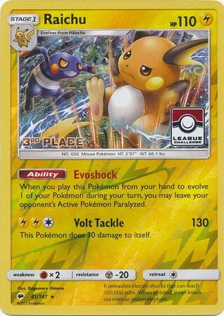 Raichu (41/147) (League Promo 3rd Place) [Sun & Moon: Burning Shadows] Pokemon Single Pokémon  | Multizone: Comics And Games