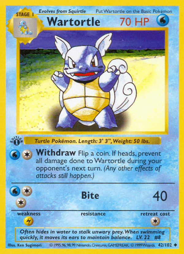 Wartortle (42/102) (Shadowless) [Base Set 1st Edition] Pokemon Single Pokémon  | Multizone: Comics And Games
